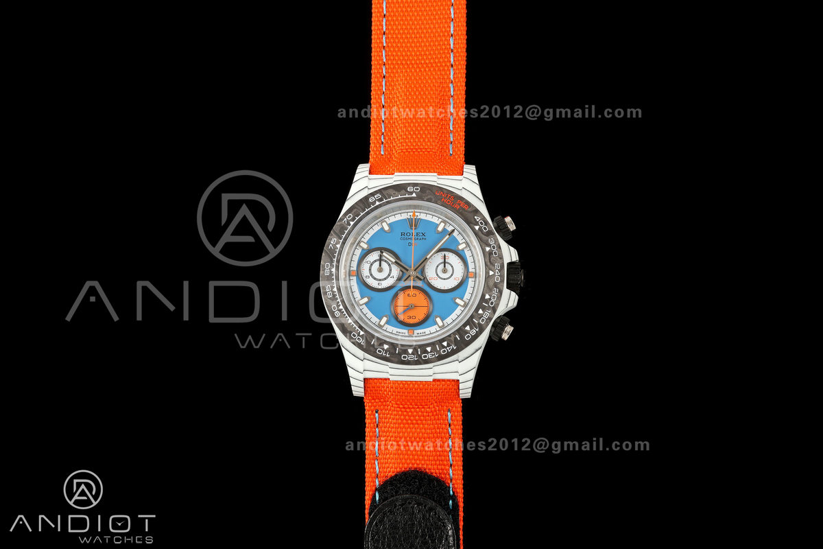 Daytona DIW White Carbon DIWF Best Edition Blue Dial Black Bezel on Orange Nylon Strap SH4130